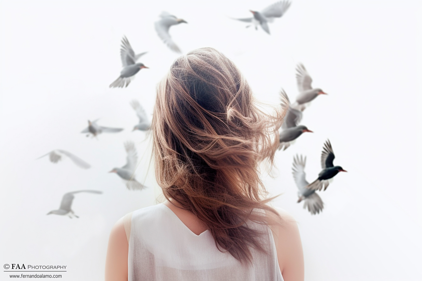 Doble Exposicion Mujer y Gaviotas